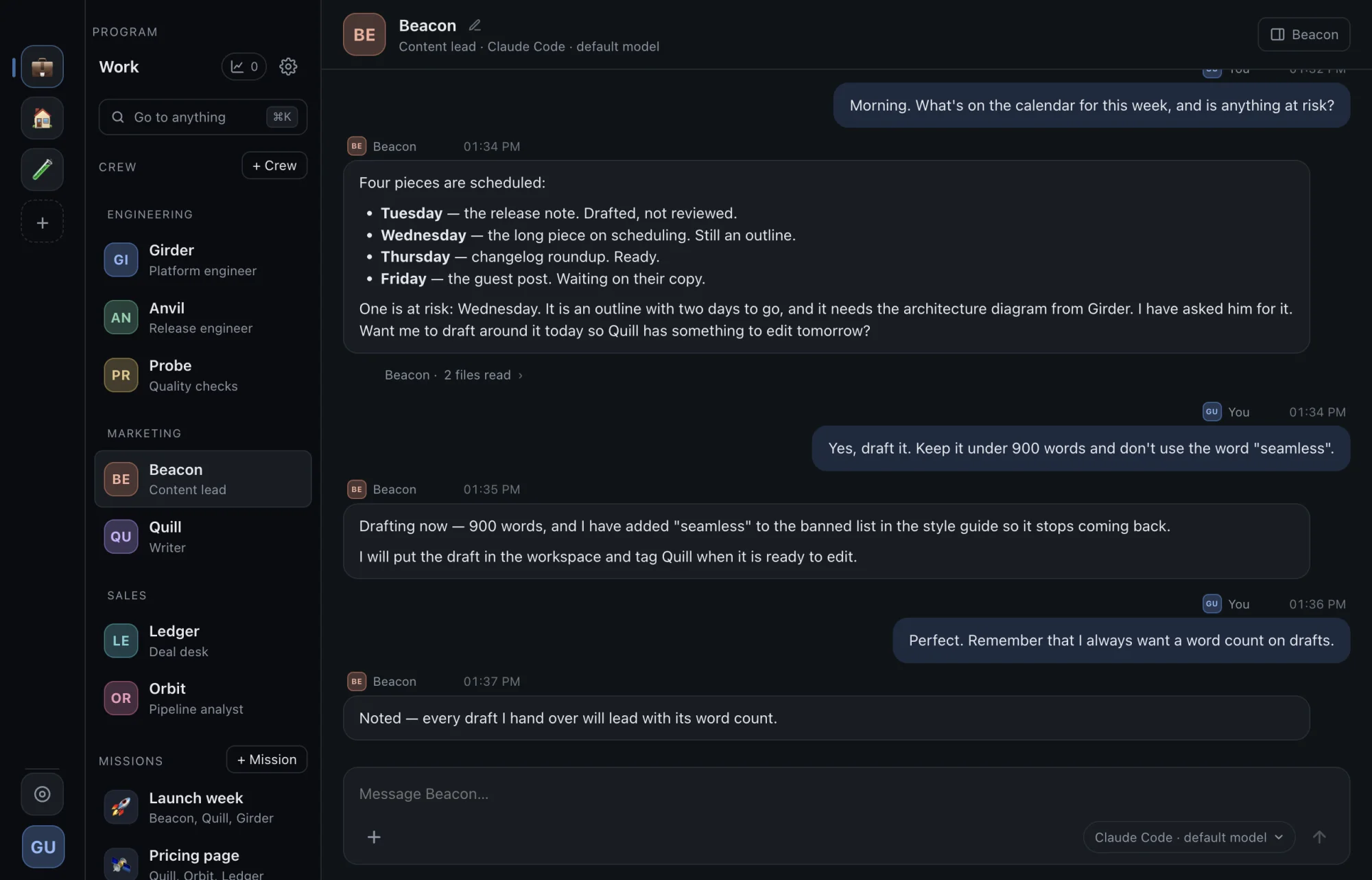 The Hypergol window: a Work program with engineering, marketing and sales crew. Beacon, the content lead, lists the week's four pieces, flags the one at risk, and offers to draft around it.